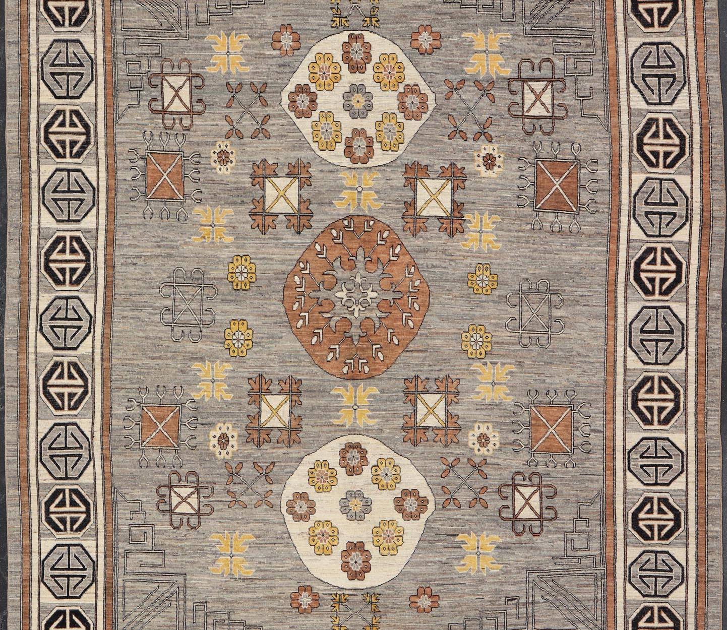 Modern Khotan Rug with Circular Medallions in Shades of Gray, Brown and Yellow. Keivan Woven Arts rug AFG - 67299, Keivan Woven Arts / country of origin / type: Afghanistan / Khotan. Measures: 12'8 x 15'1 This modern Khotan made rug features Sama... - Keivan Woven ArtsAFG - 67299 - 22938Rugs