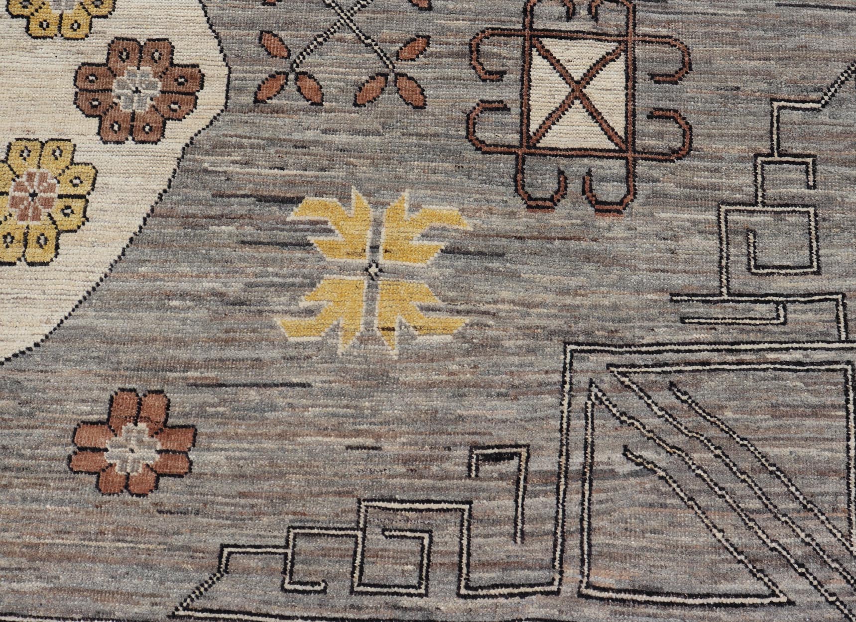 Modern Khotan Rug with Circular Medallions in Shades of Gray, Brown and Yellow. Keivan Woven Arts rug AFG - 67299, Keivan Woven Arts / country of origin / type: Afghanistan / Khotan. Measures: 12'8 x 15'1 This modern Khotan made rug features Sama... - Keivan Woven ArtsAFG - 67299 - 22938Rugs