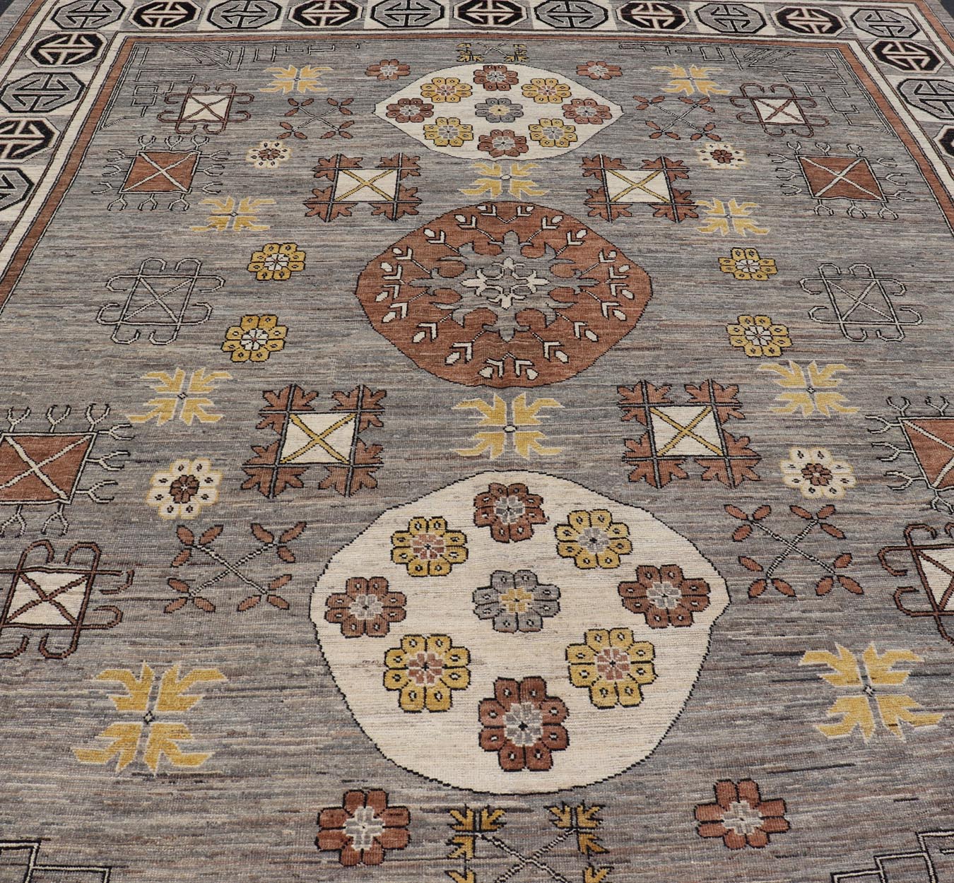 Modern Khotan Rug with Circular Medallions in Shades of Gray, Brown and Yellow. Keivan Woven Arts rug AFG - 67299, Keivan Woven Arts / country of origin / type: Afghanistan / Khotan. Measures: 12'8 x 15'1 This modern Khotan made rug features Sama... - Keivan Woven ArtsAFG - 67299 - 22938Rugs