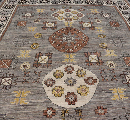 Modern Khotan Rug with Circular Medallions in Shades of Gray, Brown and Yellow. Keivan Woven Arts rug AFG - 67299, Keivan Woven Arts / country of origin / type: Afghanistan / Khotan. Measures: 12'8 x 15'1 This modern Khotan made rug features Sama... - Keivan Woven ArtsAFG - 67299 - 22938Rugs