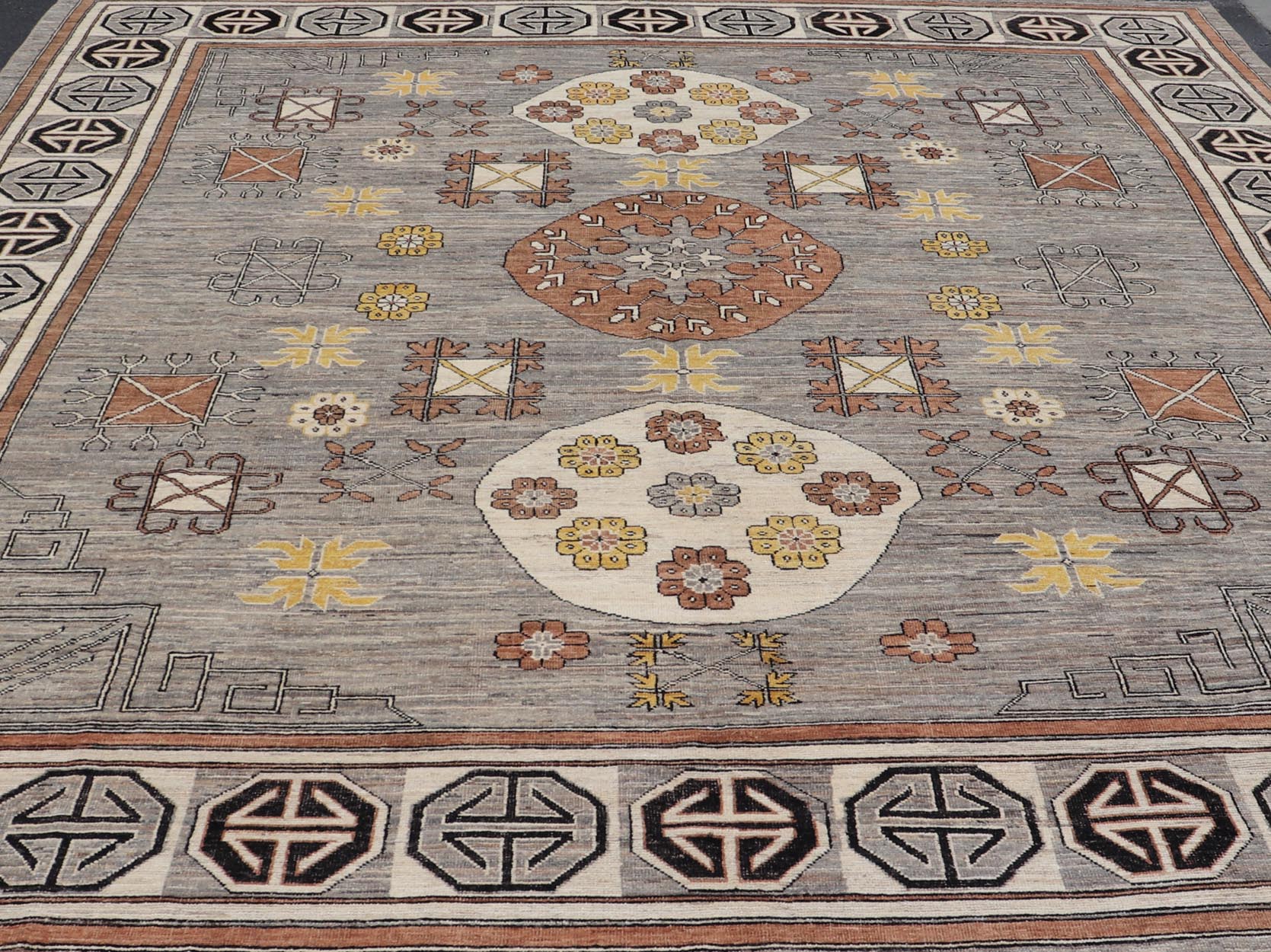 Modern Khotan Rug with Circular Medallions in Shades of Gray, Brown and Yellow. Keivan Woven Arts rug AFG - 67299, Keivan Woven Arts / country of origin / type: Afghanistan / Khotan. Measures: 12'8 x 15'1 This modern Khotan made rug features Sama... - Keivan Woven ArtsAFG - 67299 - 22938Rugs