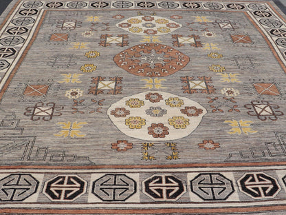 Modern Khotan Rug with Circular Medallions in Shades of Gray, Brown and Yellow. Keivan Woven Arts rug AFG - 67299, Keivan Woven Arts / country of origin / type: Afghanistan / Khotan. Measures: 12'8 x 15'1 This modern Khotan made rug features Sama... - Keivan Woven ArtsAFG - 67299 - 22938Rugs