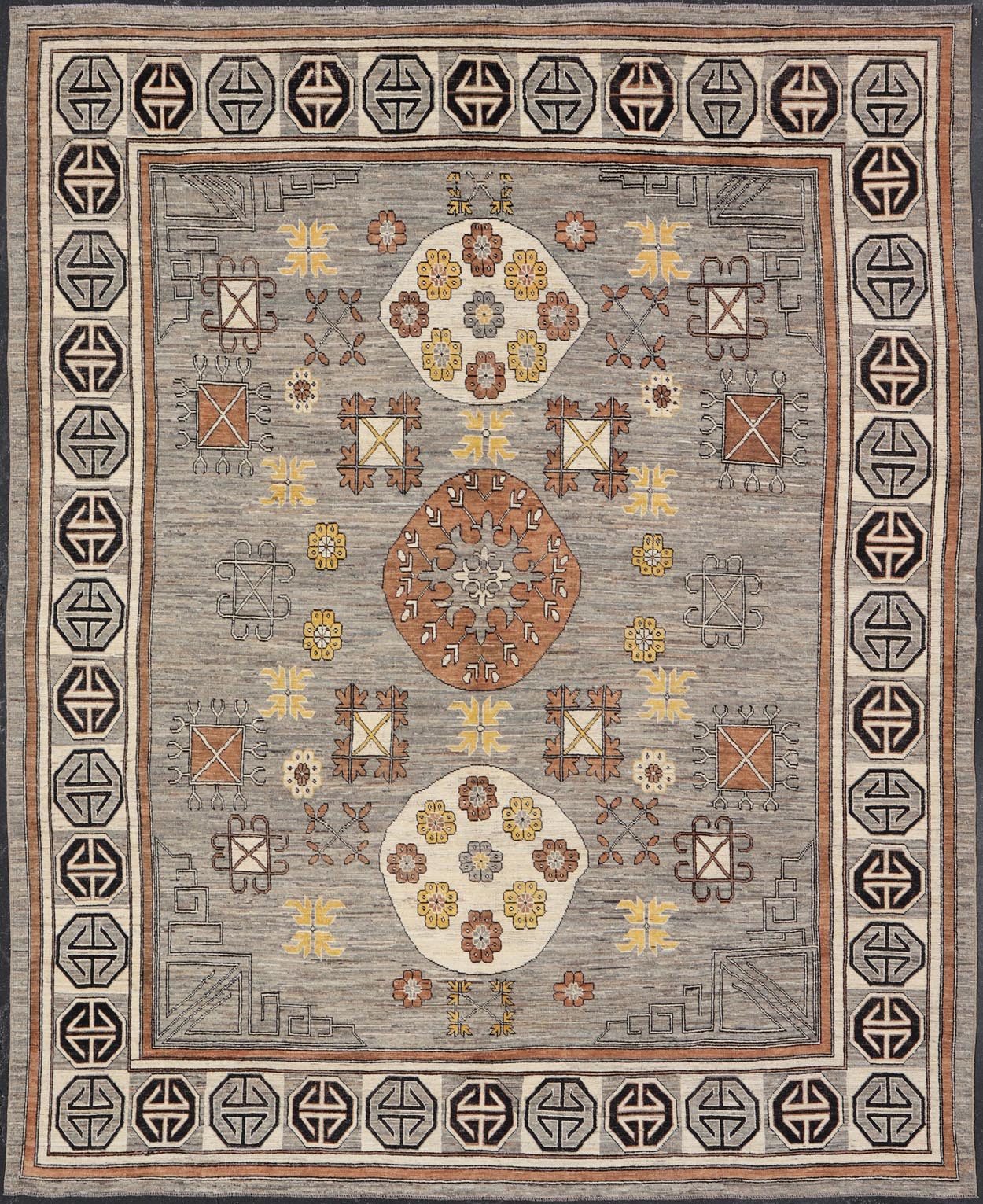 Modern Khotan Rug with Circular Medallions in Shades of Gray, Brown and Yellow. Keivan Woven Arts rug AFG - 67299, Keivan Woven Arts / country of origin / type: Afghanistan / Khotan. Measures: 12'8 x 15'1 This modern Khotan made rug features Sama... - Keivan Woven ArtsAFG - 67299 - 22938Rugs