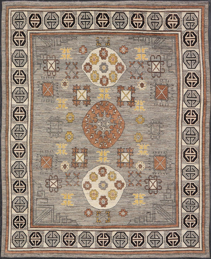 Modern Khotan Rug with Circular Medallions in Shades of Gray, Brown and Yellow. Keivan Woven Arts rug AFG - 67299, Keivan Woven Arts / country of origin / type: Afghanistan / Khotan. Measures: 12'8 x 15'1 This modern Khotan made rug features Sama... - Keivan Woven ArtsAFG - 67299 - 22938Rugs