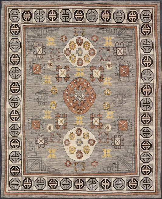 Modern Khotan Rug with Circular Medallions in Shades of Gray, Brown and Yellow. Keivan Woven Arts rug AFG - 67299, Keivan Woven Arts / country of origin / type: Afghanistan / Khotan. Measures: 12'8 x 15'1 This modern Khotan made rug features Sama... - Keivan Woven ArtsAFG - 67299 - 22938Rugs