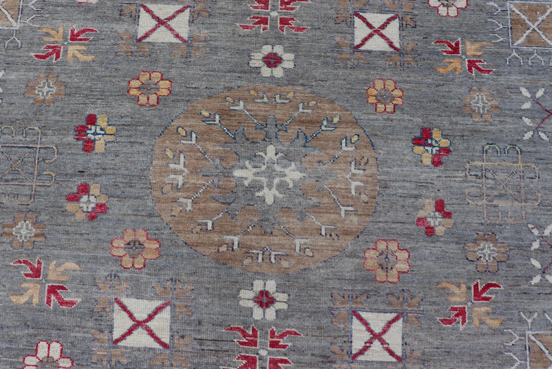 Modern Khotan Rug with Circular Medallions in Shades of Gray, Red, and Brown. Keivan Woven Arts rug AFG - 67300 / country of origin / type: Afghanistan / Khotan. Measures: 9'6 x 11'9 This modern Khotan made rug features Samarkand design with mult... - Keivan Woven ArtsAFG - 67300 - 24541Rugs