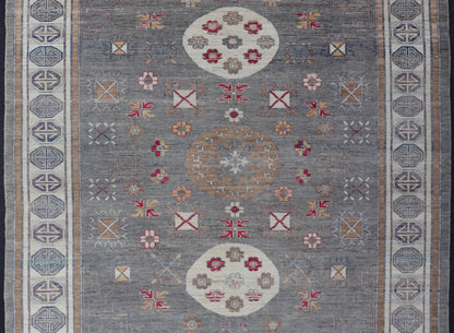 Modern Khotan Rug with Circular Medallions in Shades of Gray, Red, and Brown. Keivan Woven Arts rug AFG - 67300 / country of origin / type: Afghanistan / Khotan. Measures: 9'6 x 11'9 This modern Khotan made rug features Samarkand design with mult... - Keivan Woven ArtsAFG - 67300 - 24541Rugs