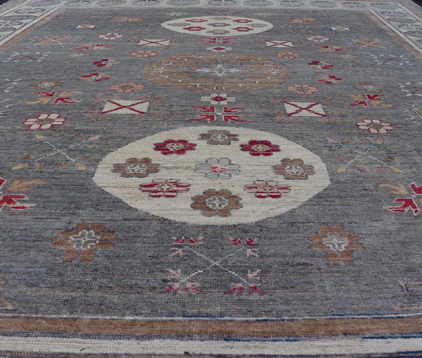 Modern Khotan Rug with Circular Medallions in Shades of Gray, Red, and Brown. Keivan Woven Arts rug AFG - 67300 / country of origin / type: Afghanistan / Khotan. Measures: 9'6 x 11'9 This modern Khotan made rug features Samarkand design with mult... - Keivan Woven ArtsAFG - 67300 - 24541Rugs