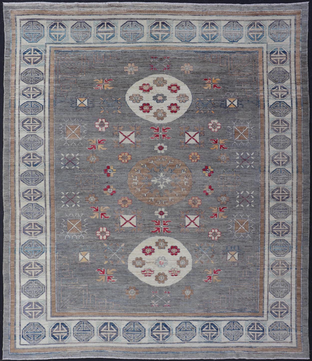 Modern Khotan Rug with Circular Medallions in Shades of Gray, Red, and Brown. Keivan Woven Arts rug AFG - 67300 / country of origin / type: Afghanistan / Khotan. Measures: 9'6 x 11'9 This modern Khotan made rug features Samarkand design with mult... - Keivan Woven ArtsAFG - 67300 - 24541Rugs