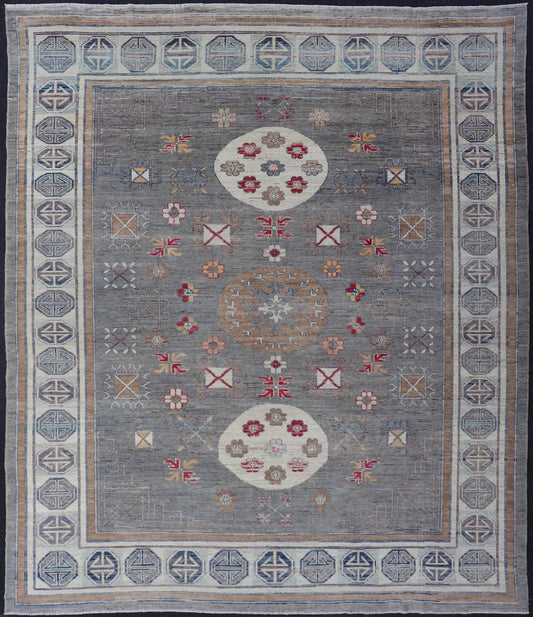 Modern Khotan Rug with Circular Medallions in Shades of Gray, Red, and Brown. Keivan Woven Arts rug AFG - 67300 / country of origin / type: Afghanistan / Khotan. Measures: 9'6 x 11'9 This modern Khotan made rug features Samarkand design with mult... - Keivan Woven ArtsAFG - 67300 - 24541Rugs