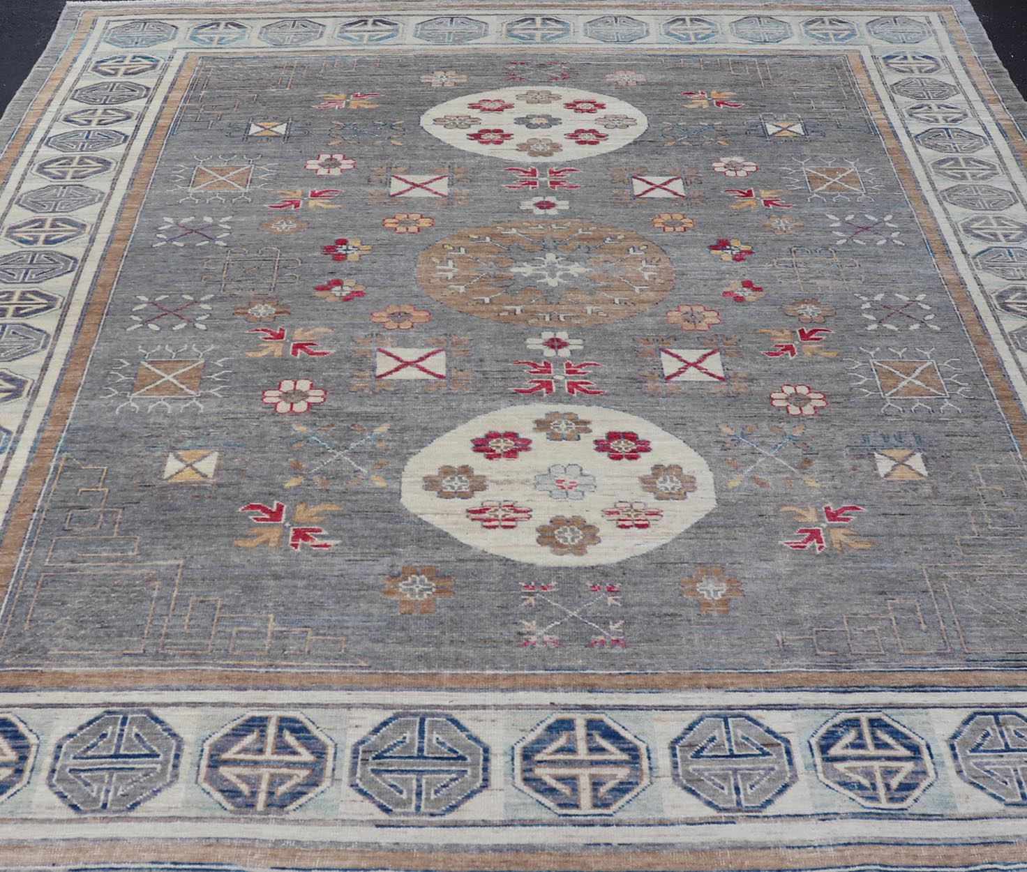 Modern Khotan Rug with Circular Medallions in Shades of Gray, Red, and Brown. Keivan Woven Arts rug AFG - 67300 / country of origin / type: Afghanistan / Khotan. Measures: 9'6 x 11'9 This modern Khotan made rug features Samarkand design with mult... - Keivan Woven ArtsAFG - 67300 - 24541Rugs