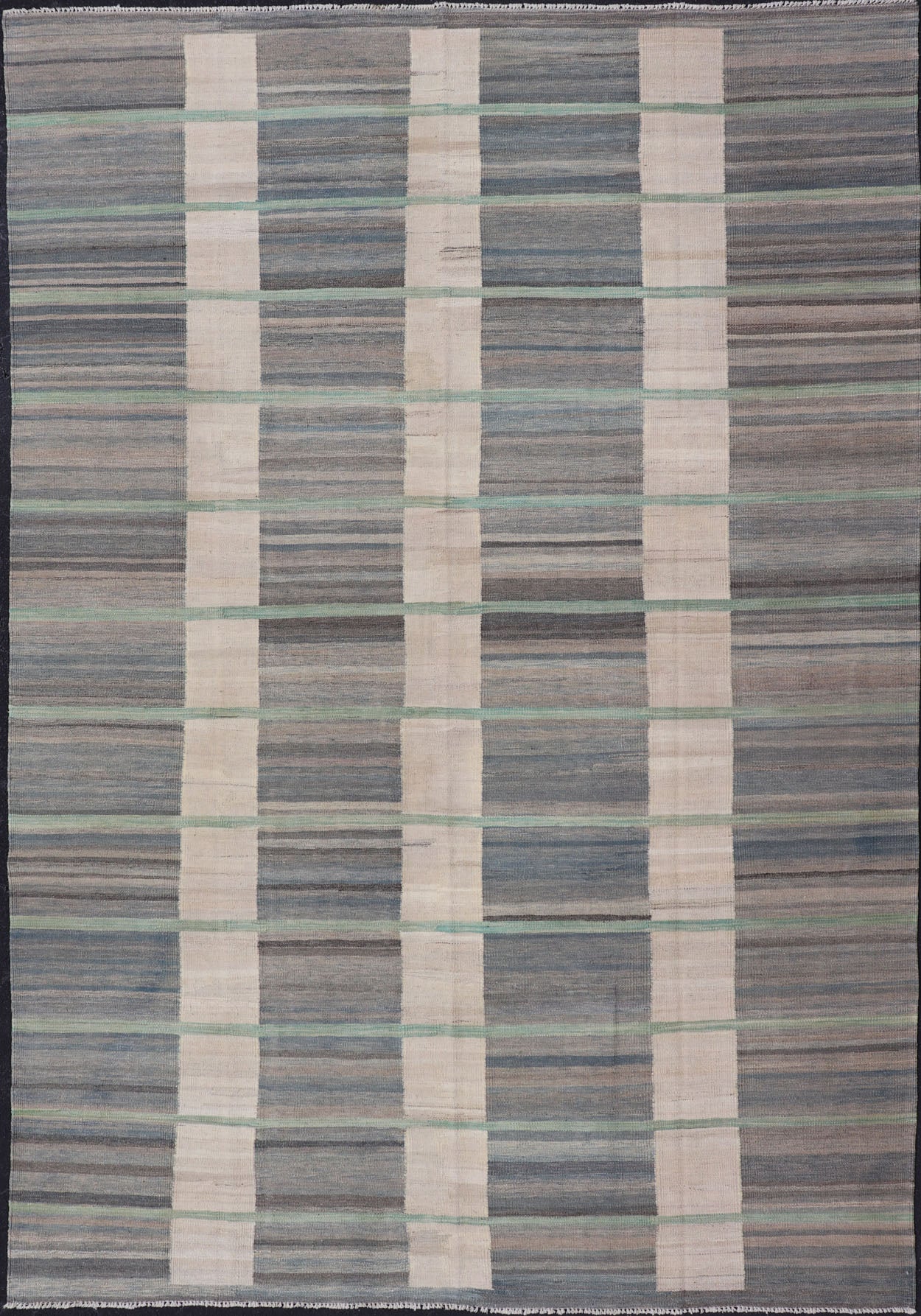 Flat - Weave Modern Kilim Rug in shades of Gray, Brown, Cream, Blue and Green Modern flat - weave Kilim rug in gray, blue, brown and green colors in Classic stripe design, Keivan Woven Arts / rug AFG - 71, country of origin / type: Afghanistan / Kilim... - Keivan Woven ArtsAFG - 71 - 15759Rug