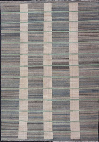 Flat - Weave Modern Kilim Rug in shades of Gray, Brown, Cream, Blue and Green Modern flat - weave Kilim rug in gray, blue, brown and green colors in Classic stripe design, Keivan Woven Arts / rug AFG - 71, country of origin / type: Afghanistan / Kilim... - Keivan Woven ArtsAFG - 71 - 15759Rug