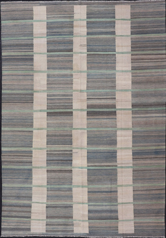 Flat - Weave Modern Kilim Rug in shades of Gray, Brown, Cream, Blue and Green Modern flat - weave Kilim rug in gray, blue, brown and green colors in Classic stripe design, Keivan Woven Arts / rug AFG - 71, country of origin / type: Afghanistan / Kilim... - Keivan Woven ArtsAFG - 71 - 15759Rug