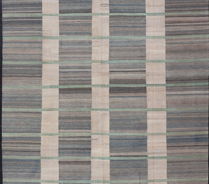 Flat - Weave Modern Kilim Rug in shades of Gray, Brown, Cream, Blue and Green Modern flat - weave Kilim rug in gray, blue, brown and green colors in Classic stripe design, Keivan Woven Arts / rug AFG - 71, country of origin / type: Afghanistan / Kilim... - Keivan Woven ArtsAFG - 71 - 15759Rug