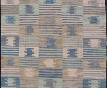 Flat - Weave Afghan Kilim Rug with Modern Design in Blues, Taupe, and Cream Casual flat - weave modern design Kilim rug with soft colors in modern design, Keivan Woven Arts / rug AFG - 72, country of origin / type: Afghanistan / Kilim Colorful flat... - Keivan Woven ArtsAFG - 72 - 15763Rug