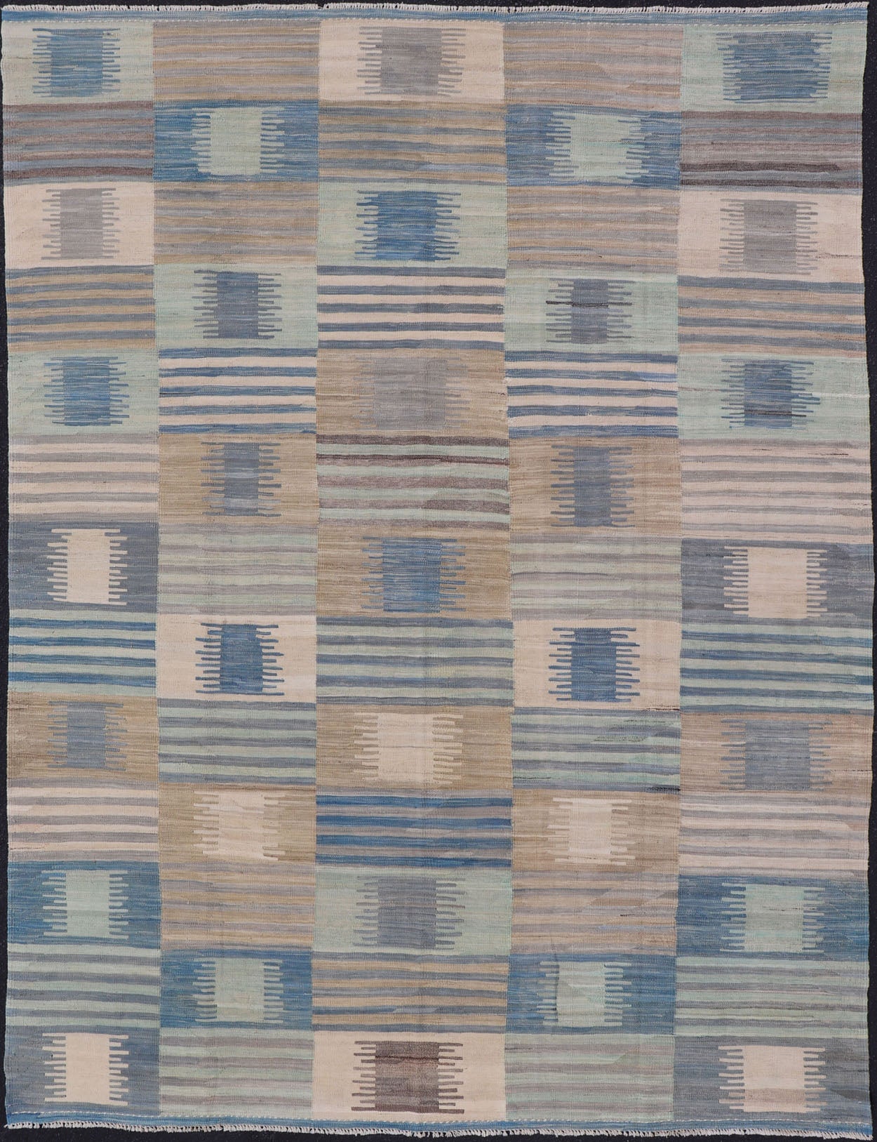 Flat - Weave Afghan Kilim Rug with Modern Design in Blues, Taupe, and Cream Casual flat - weave modern design Kilim rug with soft colors in modern design, Keivan Woven Arts / rug AFG - 72, country of origin / type: Afghanistan / Kilim Colorful flat... - Keivan Woven ArtsAFG - 72 - 15763Rug