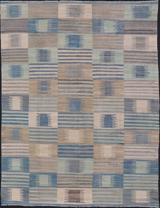 Flat - Weave Afghan Kilim Rug with Modern Design in Blues, Taupe, and Cream Casual flat - weave modern design Kilim rug with soft colors in modern design, Keivan Woven Arts / rug AFG - 72, country of origin / type: Afghanistan / Kilim Colorful flat... - Keivan Woven ArtsAFG - 72 - 15763Rug