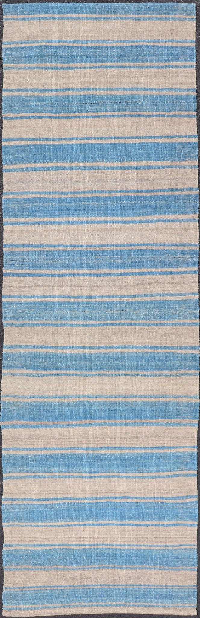 Flat - Weave Modern Kilim Rug with Stripes in Shades of Blue and Gray Flat - weave Kilim rug with stripes with modern design in shades of blue and gray, rug AFG - 81, Keivan Woven Arts / country of origin / type: Afghanistan / Kilim This playfu... - Keivan Woven ArtsAFG - 81 - 15767Rug