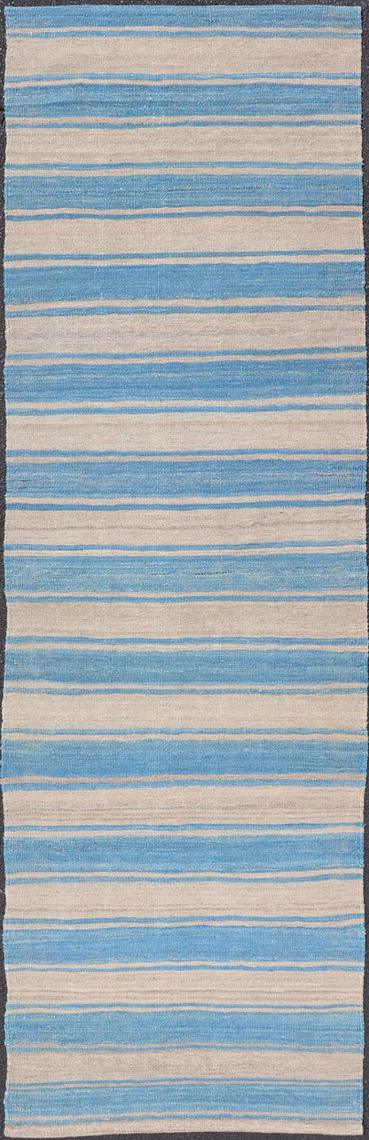 Flat - Weave Modern Kilim Rug with Stripes in Shades of Blue and Gray Flat - weave Kilim rug with stripes with modern design in shades of blue and gray, rug AFG - 81, Keivan Woven Arts / country of origin / type: Afghanistan / Kilim This playfu... - Keivan Woven ArtsAFG - 81 - 15767Rug