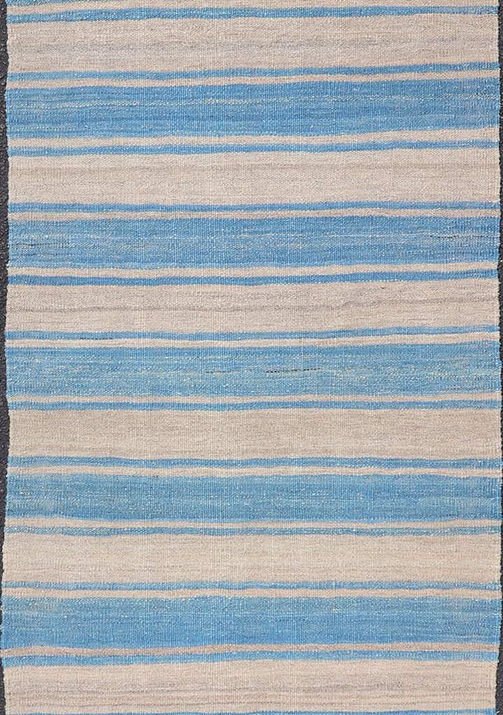 Flat - Weave Modern Kilim Rug with Stripes in Shades of Blue and Gray Flat - weave Kilim rug with stripes with modern design in shades of blue and gray, rug AFG - 81, Keivan Woven Arts / country of origin / type: Afghanistan / Kilim This playfu... - Keivan Woven ArtsAFG - 81 - 15767Rug