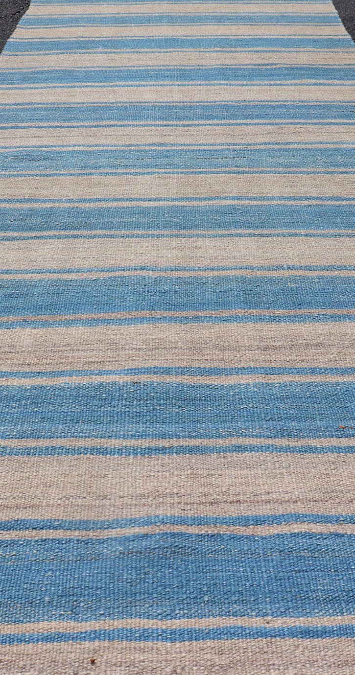 Flat - Weave Modern Kilim Rug with Stripes in Shades of Blue and Gray Flat - weave Kilim rug with stripes with modern design in shades of blue and gray, rug AFG - 81, Keivan Woven Arts / country of origin / type: Afghanistan / Kilim This playfu... - Keivan Woven ArtsAFG - 81 - 15767Rug
