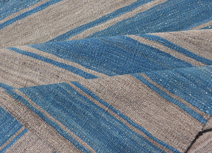 Flat - Weave Modern Kilim Rug with Stripes in Shades of Blue and Gray Flat - weave Kilim rug with stripes with modern design in shades of blue and gray, rug AFG - 81, Keivan Woven Arts / country of origin / type: Afghanistan / Kilim This playfu... - Keivan Woven ArtsAFG - 81 - 15767Rug