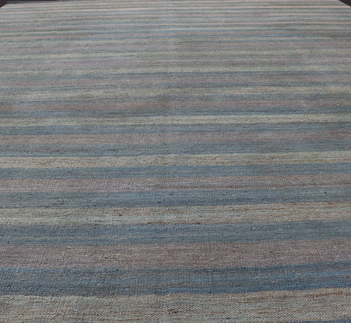 Large Afghanistan Kilim Modern with Stripes in Shade of Light Green Flat - weave Kilim rug with stripes with modern design in shades of blue, taupe, gray and green, rug AFG - 87, country of origin / type: Afghanistan / Kilim This playful piec... - Keivan Woven ArtsAFG - 87 - 15771Rug