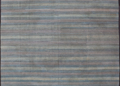 Large Afghanistan Kilim Modern with Stripes in Shade of Light Green Flat - weave Kilim rug with stripes with modern design in shades of blue, taupe, gray and green, rug AFG - 87, country of origin / type: Afghanistan / Kilim This playful piec... - Keivan Woven ArtsAFG - 87 - 15771Rug