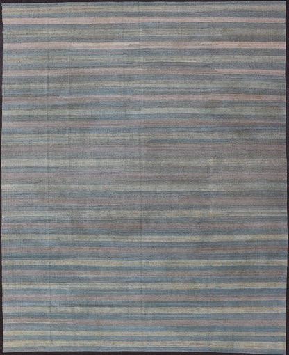Large Afghanistan Kilim Modern with Stripes in Shade of Light Green Flat - weave Kilim rug with stripes with modern design in shades of blue, taupe, gray and green, rug AFG - 87, country of origin / type: Afghanistan / Kilim This playful piec... - Keivan Woven ArtsAFG - 87 - 15771Rug