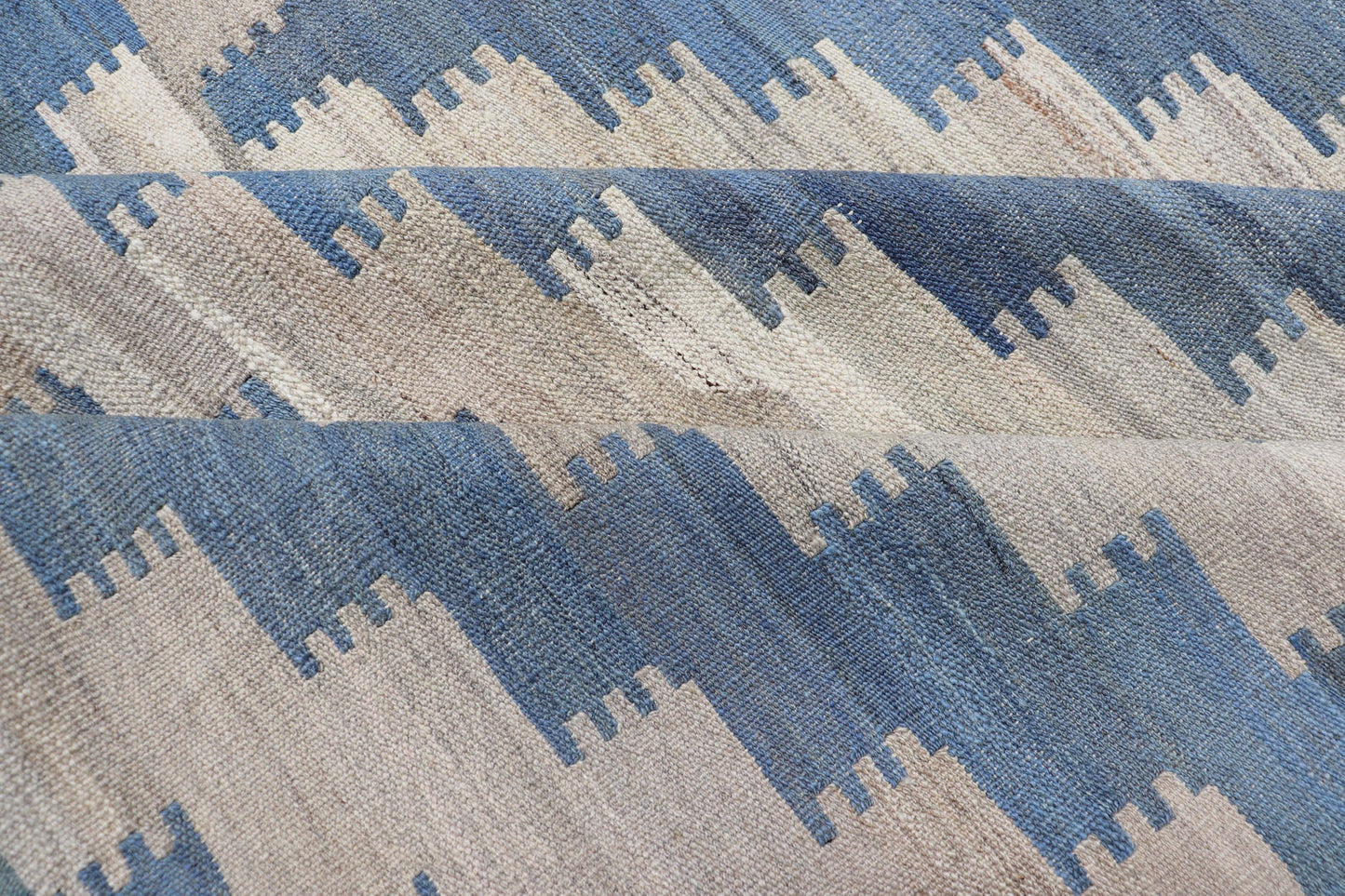 Hand Woven Flat - Weave Kilim Rug With a Modern Design in Blue, and Creams Modern flat - weave kilim rug with stripes in shades of light blue, blues, and creams. Keivan Woven Arts / rug AFG - 88, country of origin / type: Afghanistan / Kilim Measu... - Keivan Woven ArtsAFG - 88 - 15777Rug