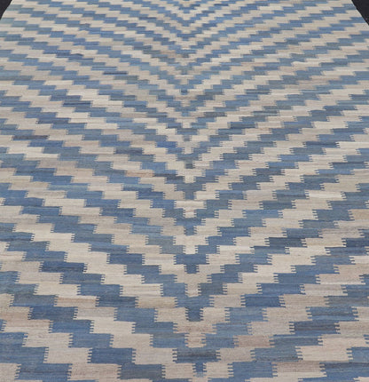 Hand Woven Flat - Weave Kilim Rug With a Modern Design in Blue, and Creams Modern flat - weave kilim rug with stripes in shades of light blue, blues, and creams. Keivan Woven Arts / rug AFG - 88, country of origin / type: Afghanistan / Kilim Measu... - Keivan Woven ArtsAFG - 88 - 15777Rug