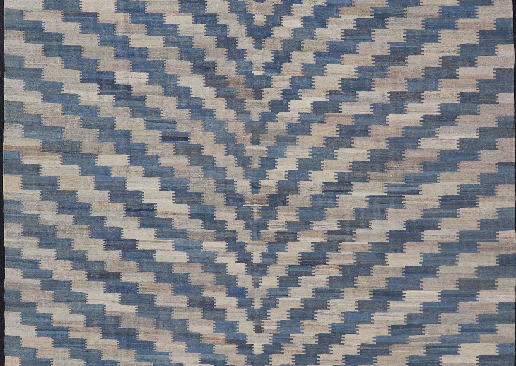 Hand Woven Flat - Weave Kilim Rug With a Modern Design in Blue, and Creams Modern flat - weave kilim rug with stripes in shades of light blue, blues, and creams. Keivan Woven Arts / rug AFG - 88, country of origin / type: Afghanistan / Kilim Measu... - Keivan Woven ArtsAFG - 88 - 15777Rug