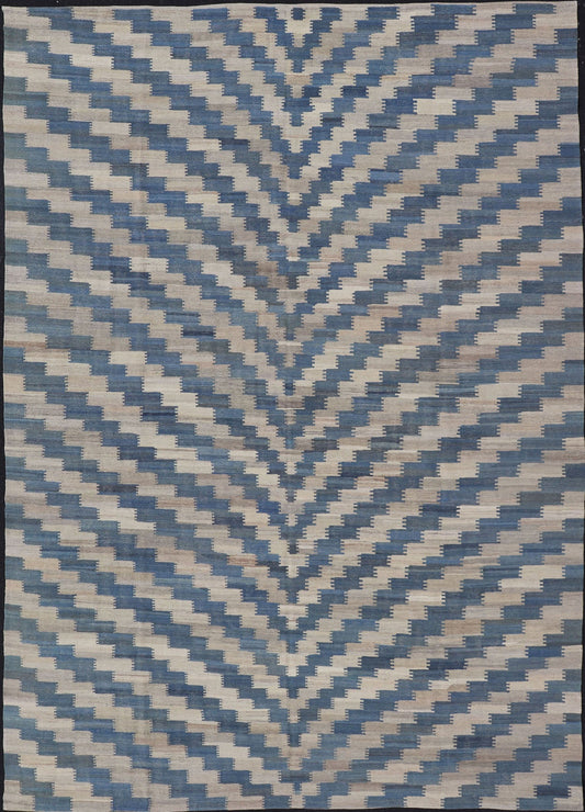 Hand Woven Flat - Weave Kilim Rug With a Modern Design in Blue, and Creams Modern flat - weave kilim rug with stripes in shades of light blue, blues, and creams. Keivan Woven Arts / rug AFG - 88, country of origin / type: Afghanistan / Kilim Measu... - Keivan Woven ArtsAFG - 88 - 15777Rug