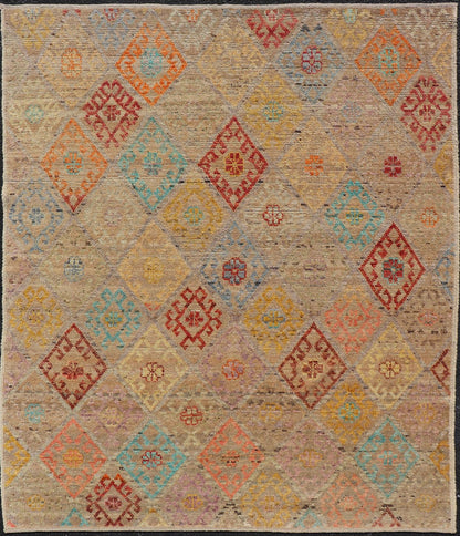 Modern Hand - Knotted Tribal Rug in Wool with Sub - Geometric Diamond Design This modern casual tribal rug has been hand - knotted. The rug features a modern sub - geometric diamond design rendered in multicolor; making this rug a superb fit for a vari... - Keivan Woven ArtsAFGC - 39941 - 19388Rug
