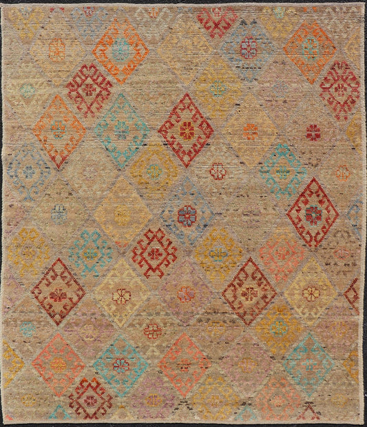 Modern Hand - Knotted Tribal Rug in Wool with Sub - Geometric Diamond Design This modern casual tribal rug has been hand - knotted. The rug features a modern sub - geometric diamond design rendered in multicolor; making this rug a superb fit for a vari... - Keivan Woven ArtsAFGC - 39941 - 19388Rug