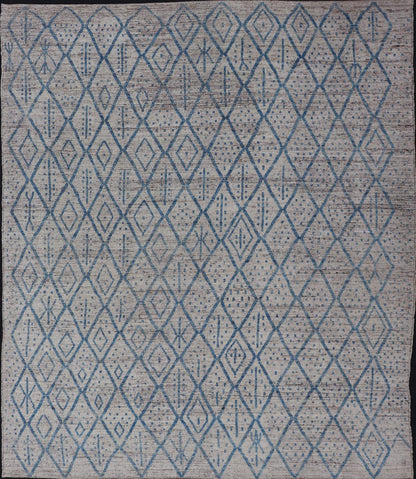 Modern Hand - Knotted Tribal Rug in Wool with Sub - Geometric Design in Blue & Ivory This modern casual tribal rug has been hand - knotted. The rug features a modern sub - geometric diamond design, replete with various motifs, rendered in blue and ivor... - Keivan Woven ArtsAFGC - 40822 - 19418Rug