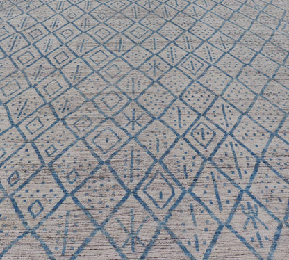 Modern Hand - Knotted Tribal Rug in Wool with Sub - Geometric Design in Blue & Ivory This modern casual tribal rug has been hand - knotted. The rug features a modern sub - geometric diamond design, replete with various motifs, rendered in blue and ivor... - Keivan Woven ArtsAFGC - 40822 - 19418Rug