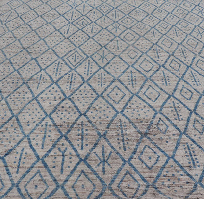 Modern Hand - Knotted Tribal Rug in Wool with Sub - Geometric Design in Blue & Ivory This modern casual tribal rug has been hand - knotted. The rug features a modern sub - geometric diamond design, replete with various motifs, rendered in blue and ivor... - Keivan Woven ArtsAFGC - 40822 - 19418Rug