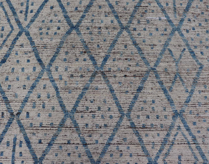 Modern Hand - Knotted Tribal Rug in Wool with Sub - Geometric Design in Blue & Ivory This modern casual tribal rug has been hand - knotted. The rug features a modern sub - geometric diamond design, replete with various motifs, rendered in blue and ivor... - Keivan Woven ArtsAFGC - 40822 - 19418Rug