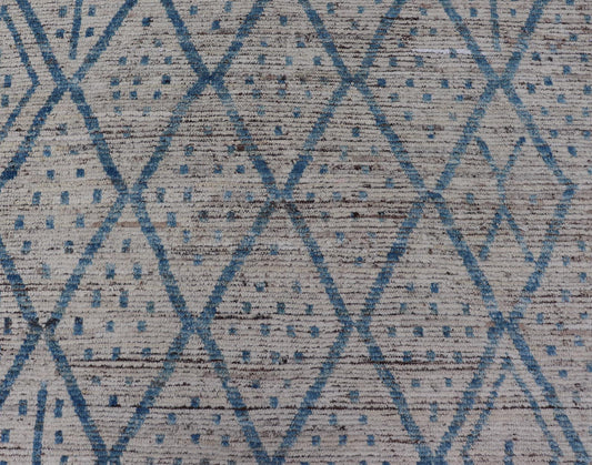 Modern Hand - Knotted Tribal Rug in Wool with Sub - Geometric Design in Blue & Ivory This modern casual tribal rug has been hand - knotted. The rug features a modern sub - geometric diamond design, replete with various motifs, rendered in blue and ivor... - Keivan Woven ArtsAFGC - 40822 - 19418Rug