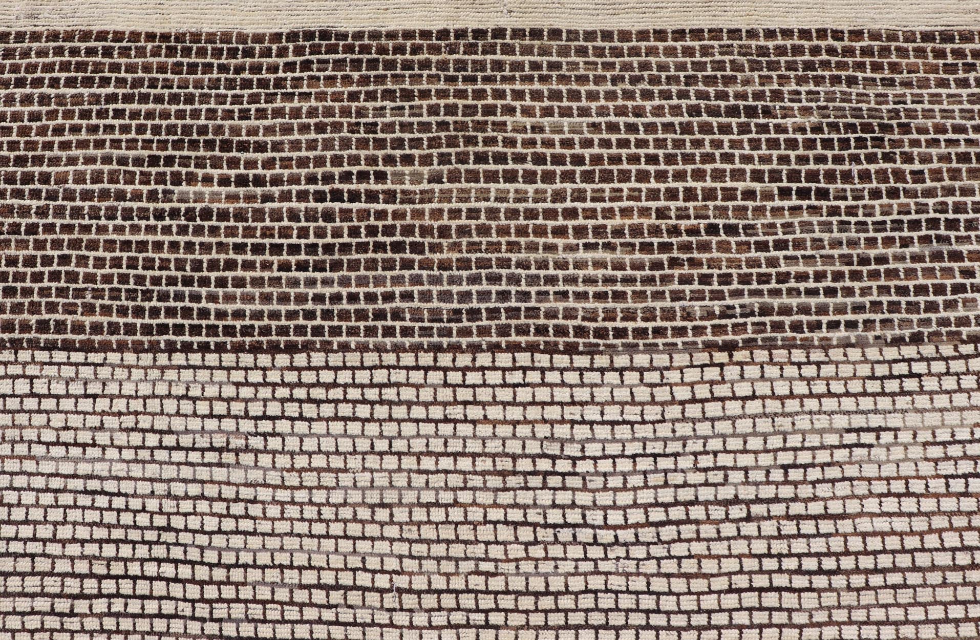 Modern Rug with Brick Design in Brown and Cream by Keivan Woven Arts. Modern Rug with Geometric Brick Design in Earthy Tones of Brown's, and Cream Measures: 9'4 x 11'1. This modern rug has been hand - knotted with fine wool. The rug featur... - Keivan Woven ArtsAFGC - 43266 - 19484Rug