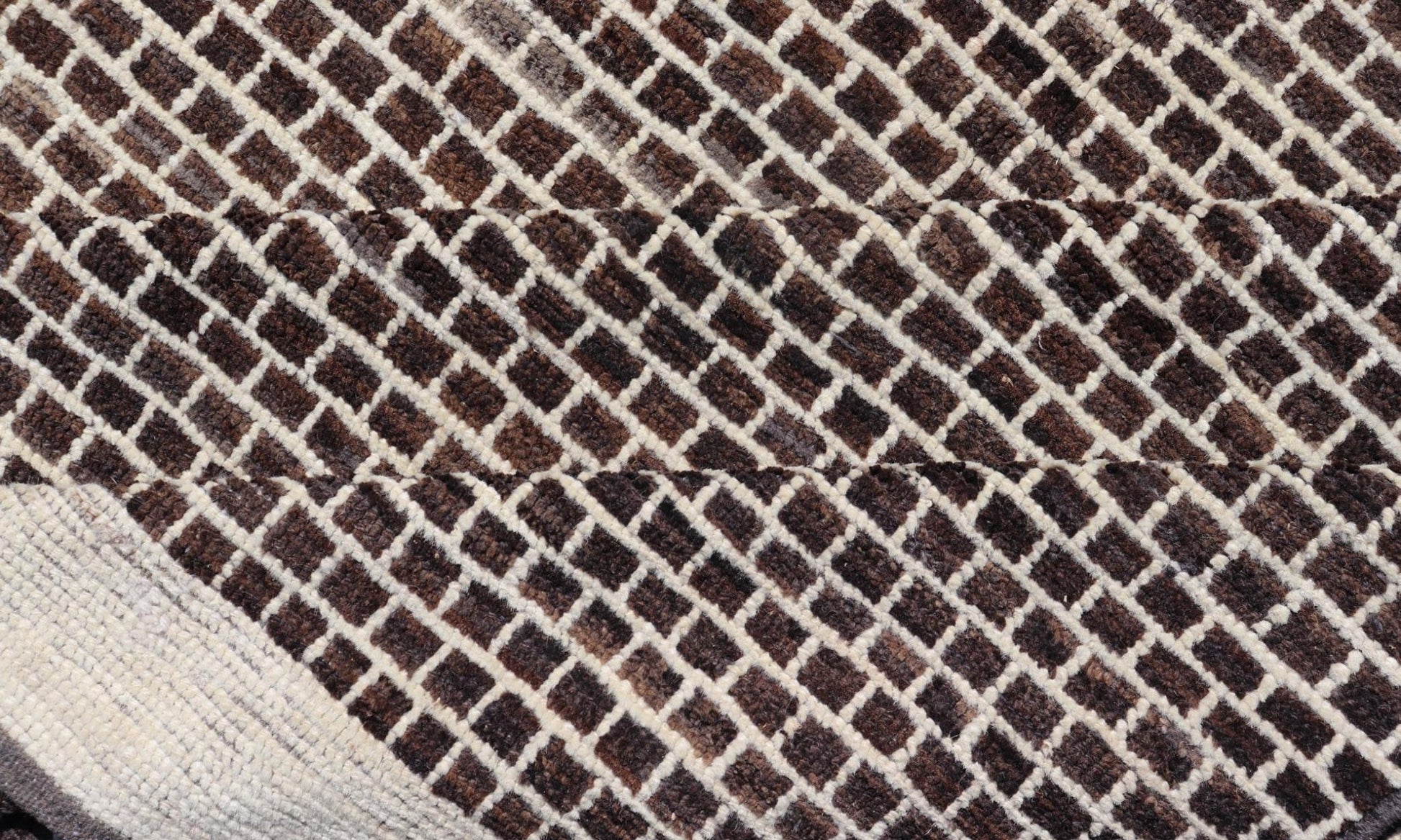 Modern Rug with Brick Design in Brown and Cream by Keivan Woven Arts. Modern Rug with Geometric Brick Design in Earthy Tones of Brown's, and Cream Measures: 9'4 x 11'1. This modern rug has been hand - knotted with fine wool. The rug featur... - Keivan Woven ArtsAFGC - 43266 - 19484Rug