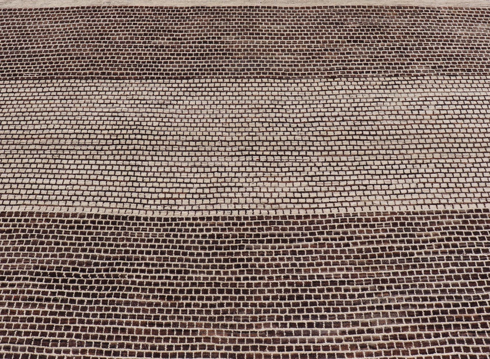 Modern Rug with Brick Design in Brown and Cream by Keivan Woven Arts. Modern Rug with Geometric Brick Design in Earthy Tones of Brown's, and Cream Measures: 9'4 x 11'1. This modern rug has been hand - knotted with fine wool. The rug featur... - Keivan Woven ArtsAFGC - 43266 - 19484Rug