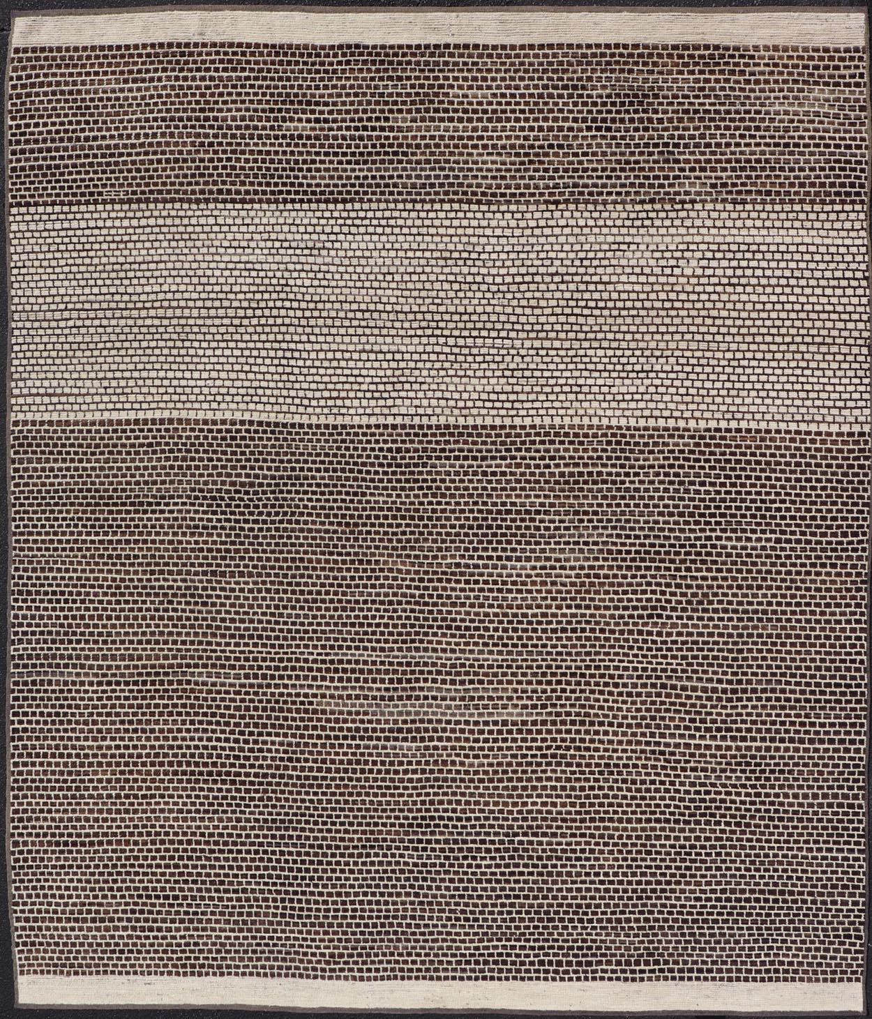 Modern Rug with Brick Design in Brown and Cream by Keivan Woven Arts. Modern Rug with Geometric Brick Design in Earthy Tones of Brown's, and Cream Measures: 9'4 x 11'1. This modern rug has been hand - knotted with fine wool. The rug featur... - Keivan Woven ArtsAFGC - 43266 - 19484Rug