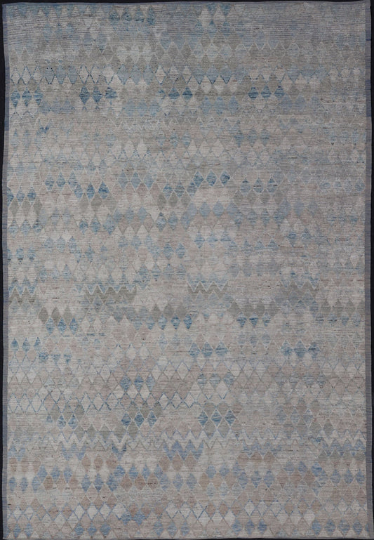 Oversized Modern Casual All - Over Diamond Design in Blue, Taupe, and Cream This over sized modern casual palace sized rug features a subtle diamond design rendered in blue, taupe, cream. This piece was hand - knotted using wool to make a pile textu... - Keivan Woven ArtsAFGC - 43420 - 20157Rug