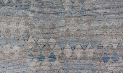 Oversized Modern Casual All - Over Diamond Design in Blue, Taupe, and Cream This over sized modern casual palace sized rug features a subtle diamond design rendered in blue, taupe, cream. This piece was hand - knotted using wool to make a pile textu... - Keivan Woven ArtsAFGC - 43420 - 20157Rug