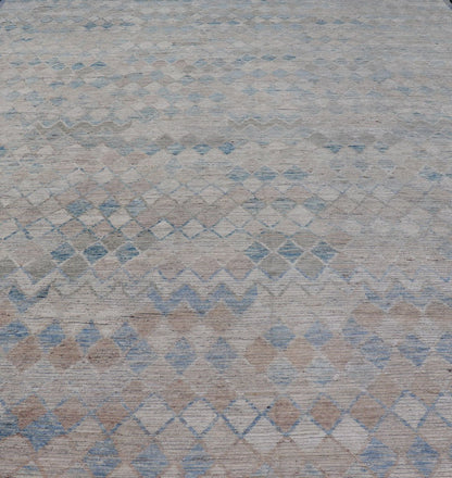 Oversized Modern Casual All - Over Diamond Design in Blue, Taupe, and Cream This over sized modern casual palace sized rug features a subtle diamond design rendered in blue, taupe, cream. This piece was hand - knotted using wool to make a pile textu... - Keivan Woven ArtsAFGC - 43420 - 20157Rug