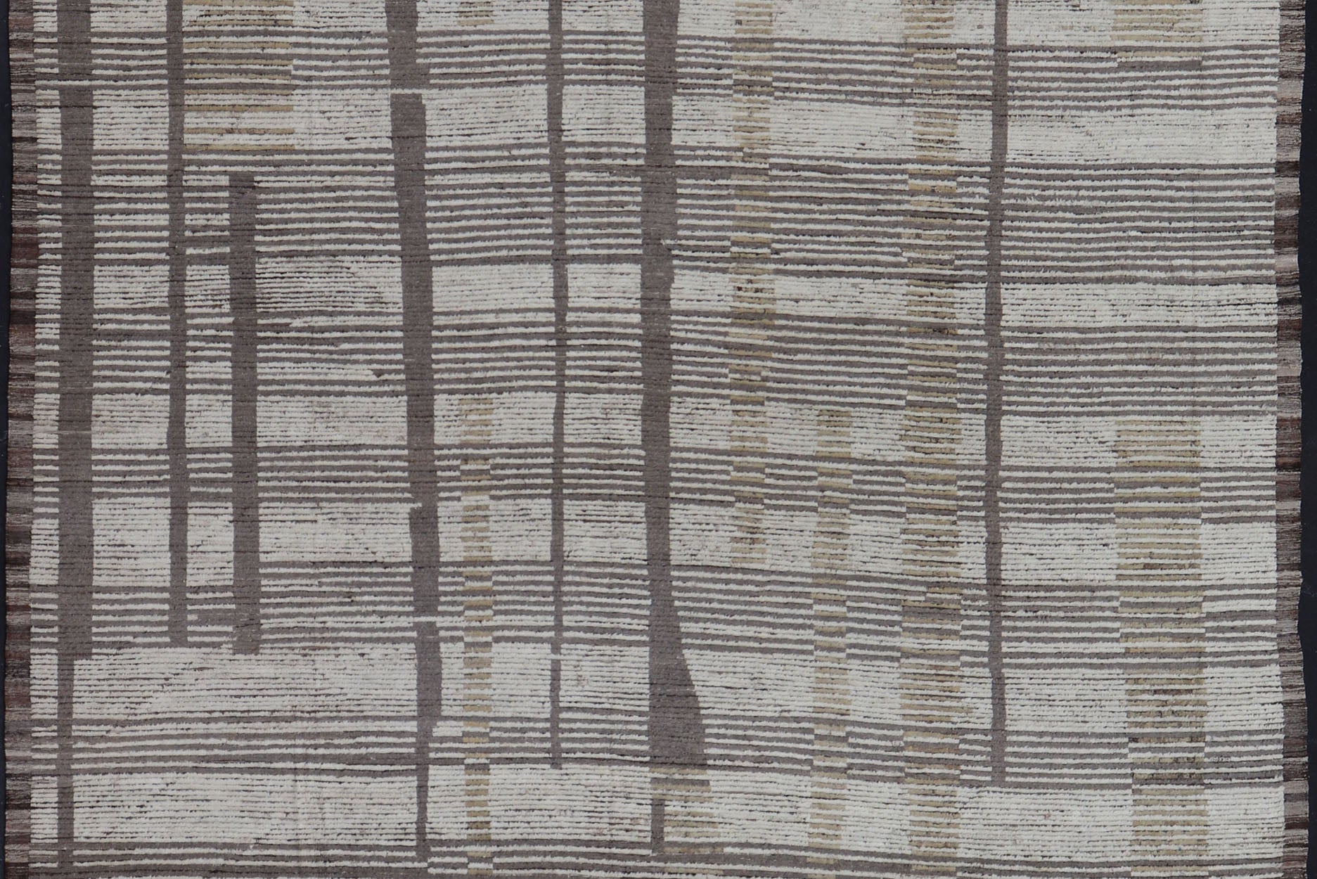 Oversized Afghan Modern Casual Abstract Rug in Muted Earthy Tones This large modern casual features earthy tones, starting with a homogeneous ivory background, with panes of horizontal stripes of taupe. The field features an abstract fo... - Keivan Woven ArtsAFGC - 43431 - 20163Rug