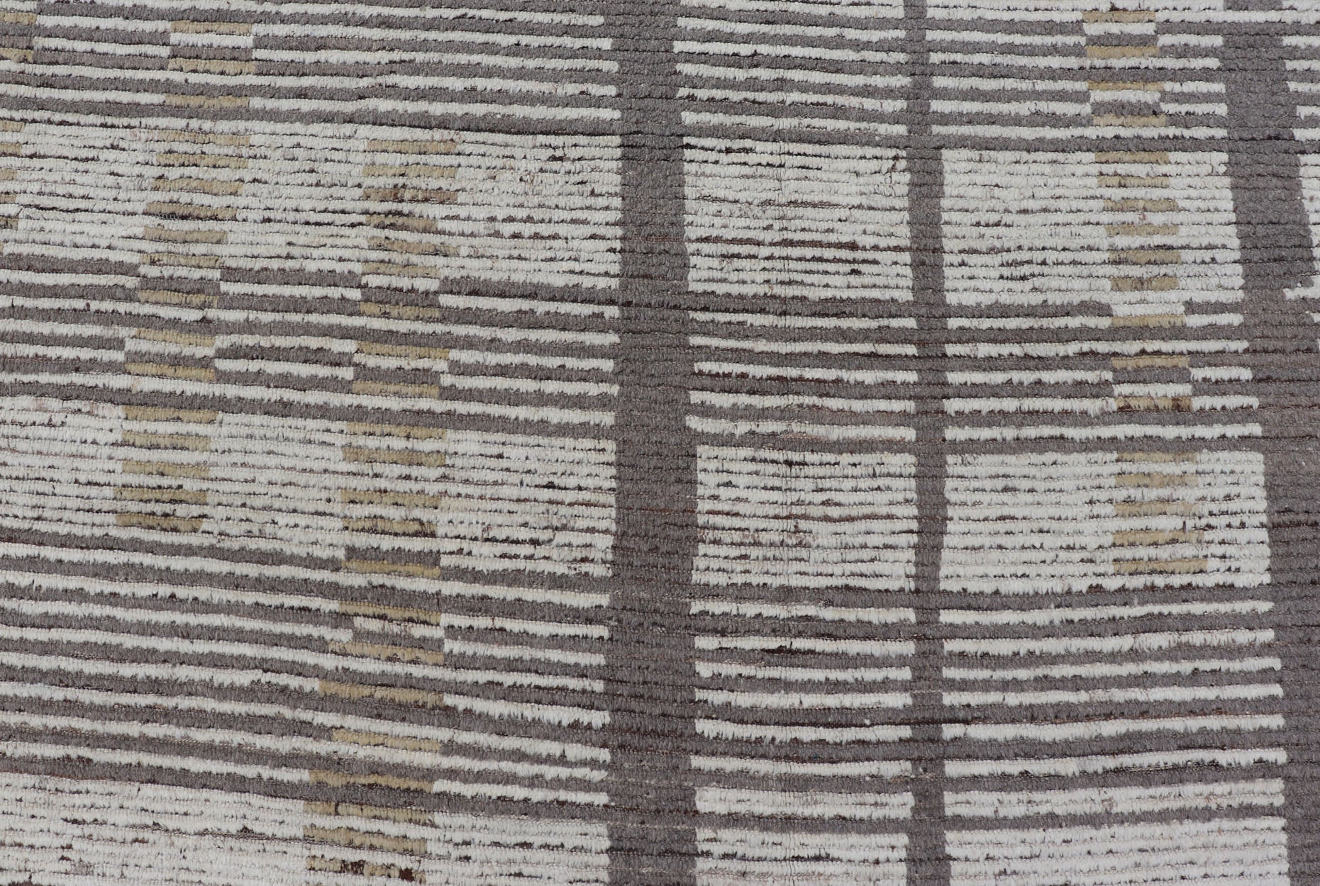 Oversized Afghan Modern Casual Abstract Rug in Muted Earthy Tones This large modern casual features earthy tones, starting with a homogeneous ivory background, with panes of horizontal stripes of taupe. The field features an abstract fo... - Keivan Woven ArtsAFGC - 43431 - 20163Rug